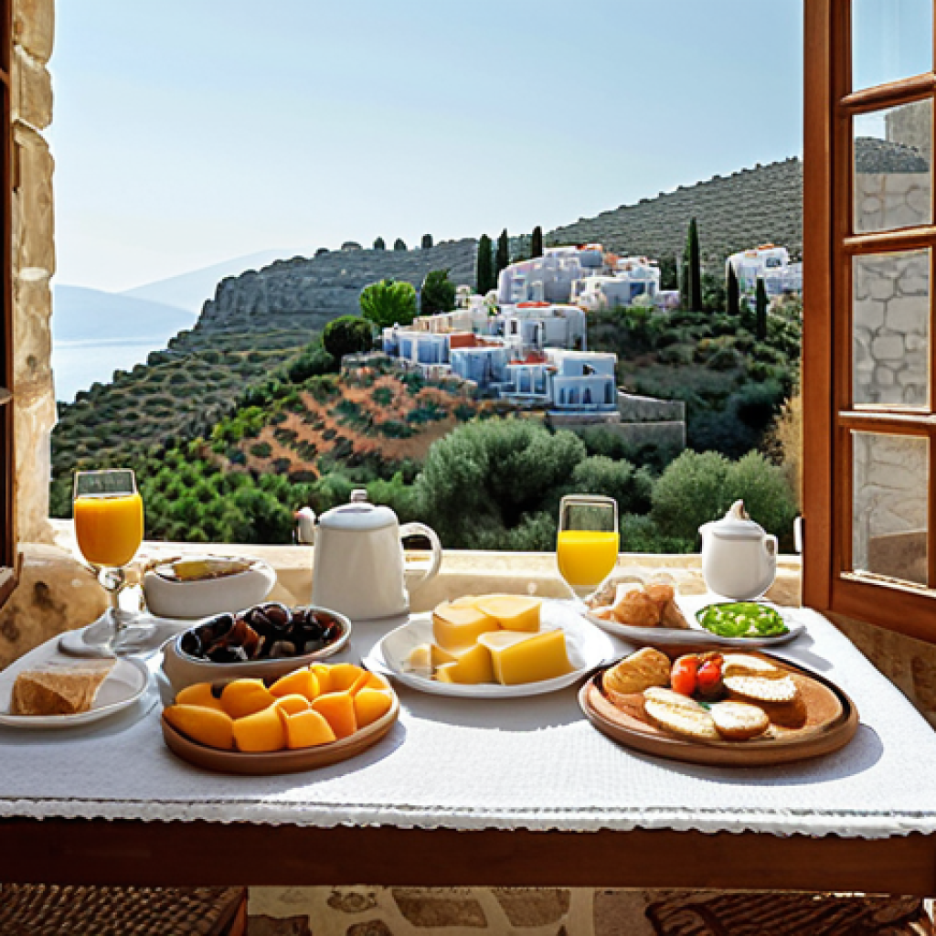 **

A cozy boutique hotel in a small Aegean town. Focus on local charm: a breakfast spread featuring regional olives and cheeses sourced from a nearby village, a friendly hotel owner chatting with guests, and the hotel's architecture blending with the surrounding landscape.

**