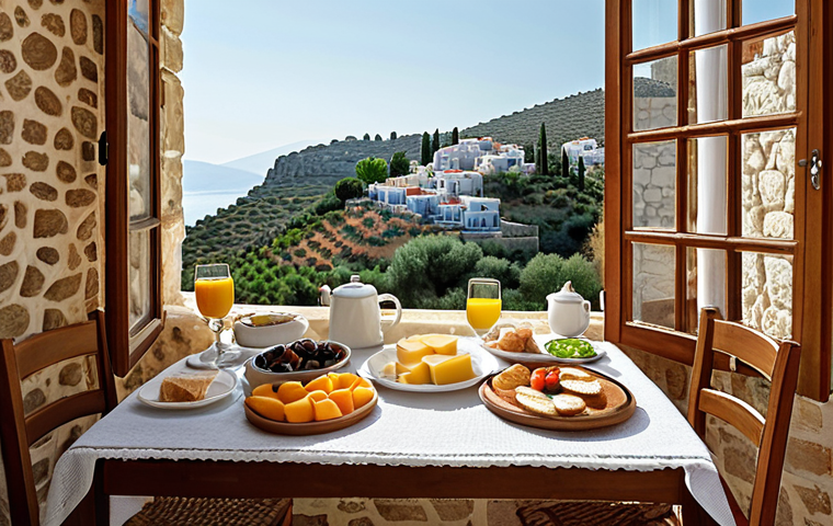 **
A cozy boutique hotel in a small Aegean town. Focus on local charm: a breakfast spread featuring regional olives and cheeses sourced from a nearby village, a friendly hotel owner chatting with guests, and the hotel's architecture blending with the surrounding landscape.
**